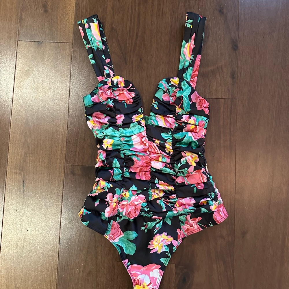 For Love And Lemons Black and Pink One Piece Swimsuit with Floral Design